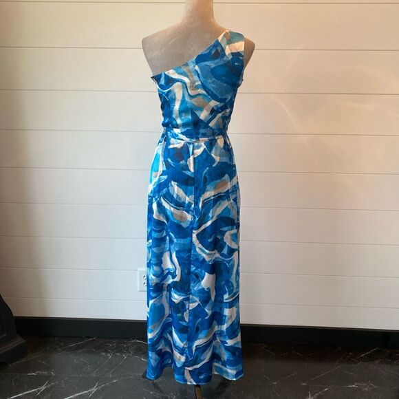 Size 2 Nicole Miller Dress One Shoulder Swirls Blue Whimsy Romantic Elegant - Picture 6 of 11